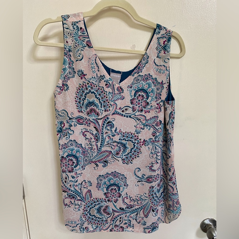 Chicos Reversible Tank Top Teal and Light Pink Paisley size 4-6